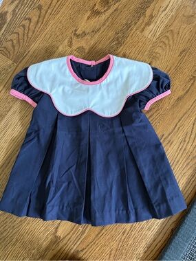 The Beaufort Bonnet Company White Baby Dress with Navy Lining and Pink Trim